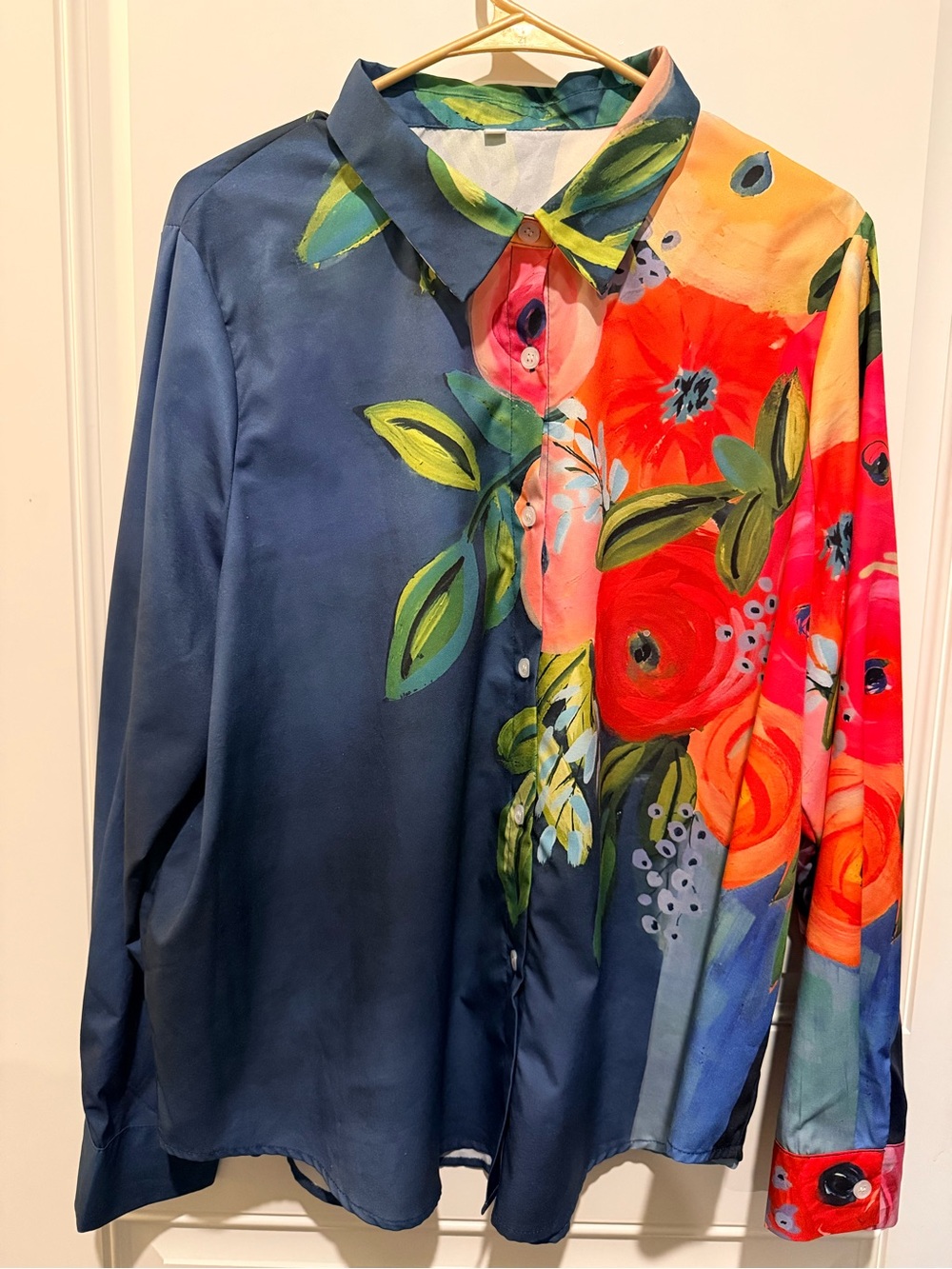 SHEIN 2xl Women’s Floral Print Button-Up Blouse - Navy & Multi